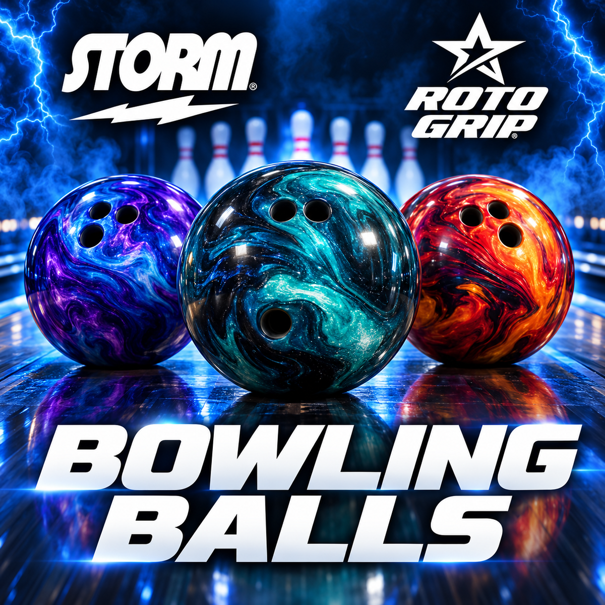 Bowling Balls with Storm and Roto Grip branding